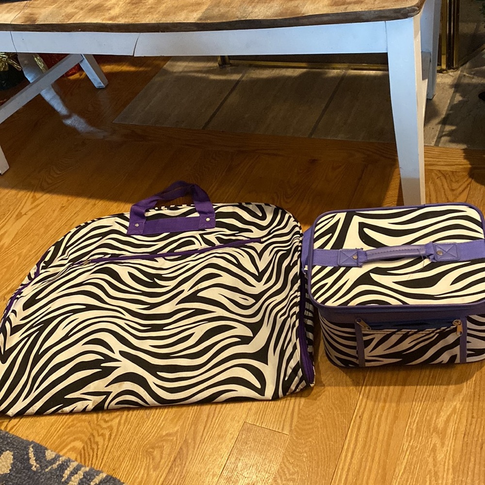 Zebra print dance garment bag and makeup carrier